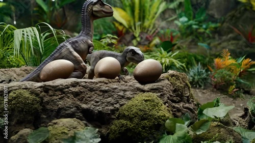 Three large dinosaur eggs rest on a sun-warmed rock. Two newly hatched juveniles cautiously explore nearby, their tiny claws clicking against stone as they sniff the unfamiliar air