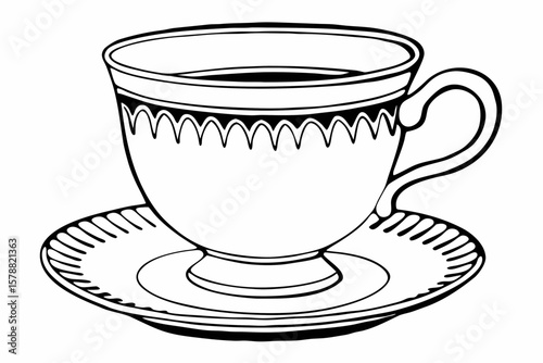 Elegant teacup and saucer isolated on white background in a line art style