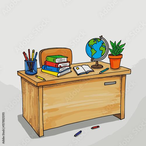 Wooden desk with books, globe, and plant in a study environment  