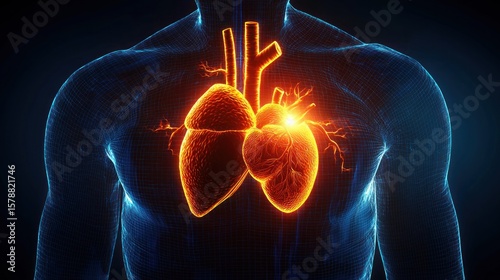 A medical rendering of a human heart with highlighted areas showing the location of a myocardial infarction