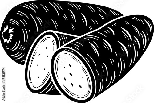 A sliced taro root vegetable is shown in a graphic illustration