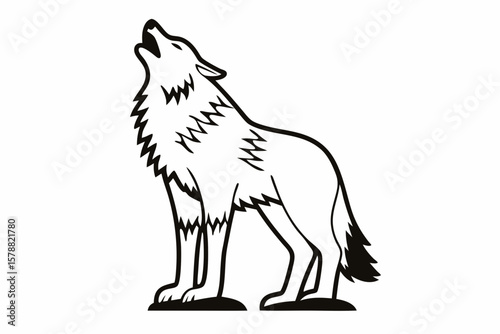 A howling wolf stands isolated on white background in a graphic illustration