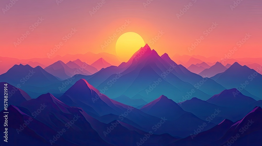 Fototapeta premium The stock photo shows a vibrant mountain landscape bathed in the warm light of a sunrise.
