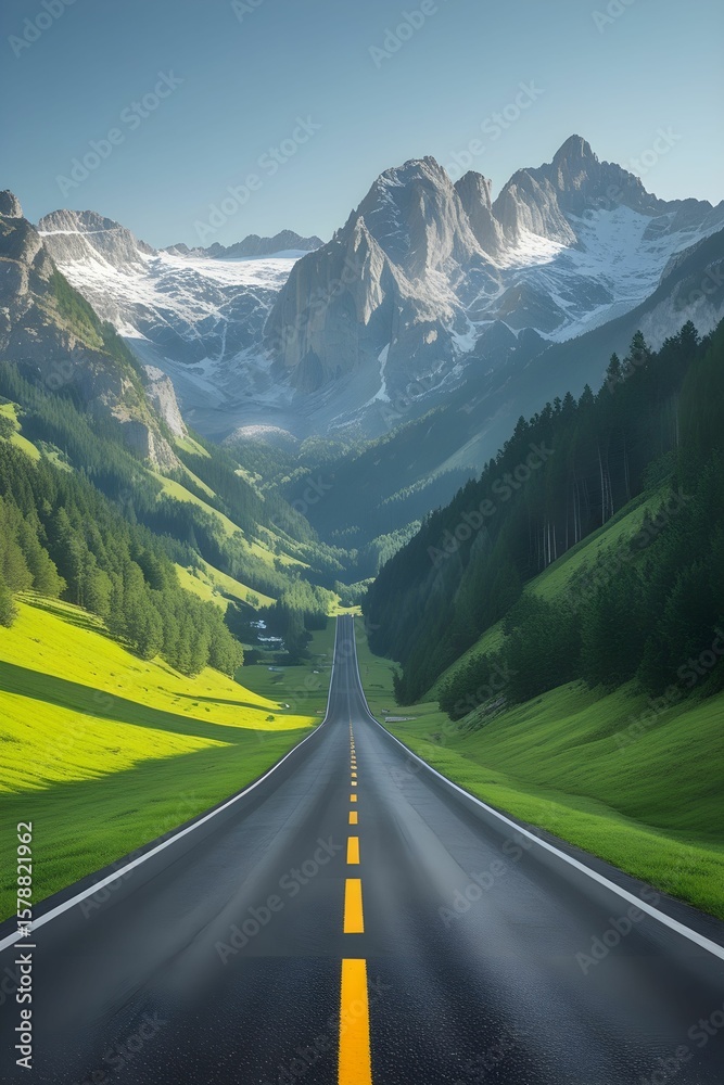 Fototapeta premium High-resolution photo of a scenic road winding through lush greenery and majestic mountains, capturing the natural beauty and peaceful atmosphere of the landscape.