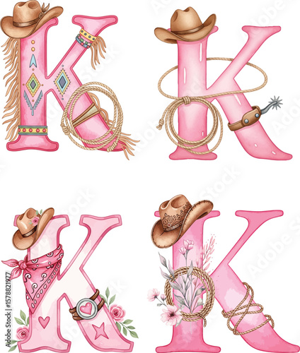 Pink Western Letter K Collection with Cowgirl Hats and Lassos - Watercolor Set