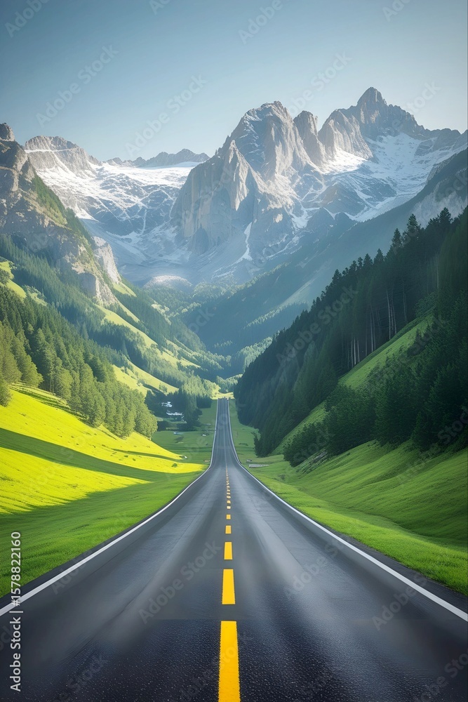 Naklejka premium High-resolution photo of a scenic road winding through lush greenery and majestic mountains, capturing the natural beauty and peaceful atmosphere of the landscape.