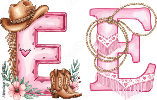 Pink Western Letter E with Cowgirl Hat and Boots - Watercolor Set