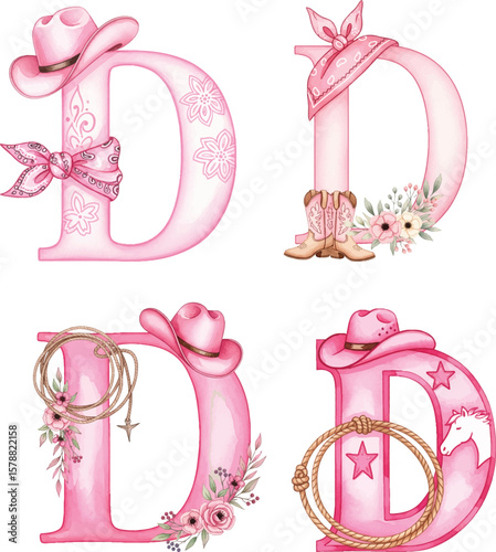 Whimsical Watercolor Letter D Set - Western Themed Typography for CowGirls