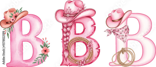 Pink Western Letter B with Floral Cowgirl Hat - Watercolor Illustration