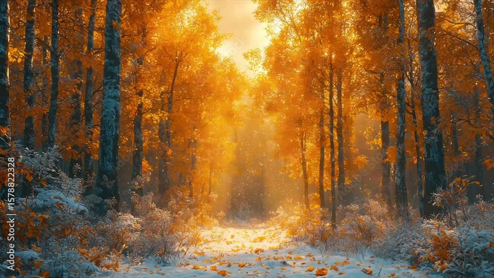 Sunlit path through snowy, autumnal forest with golden leaves Sunlit path through snowy, autumnal forest with golden leaves