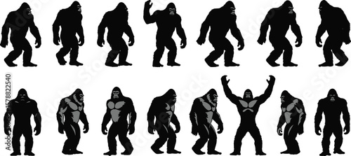 Bigfoot silhouette collection, Sasquatch illustration, Yeti vector design, mythical creature poses, cryptid art, forest folklore, black and white graphics
