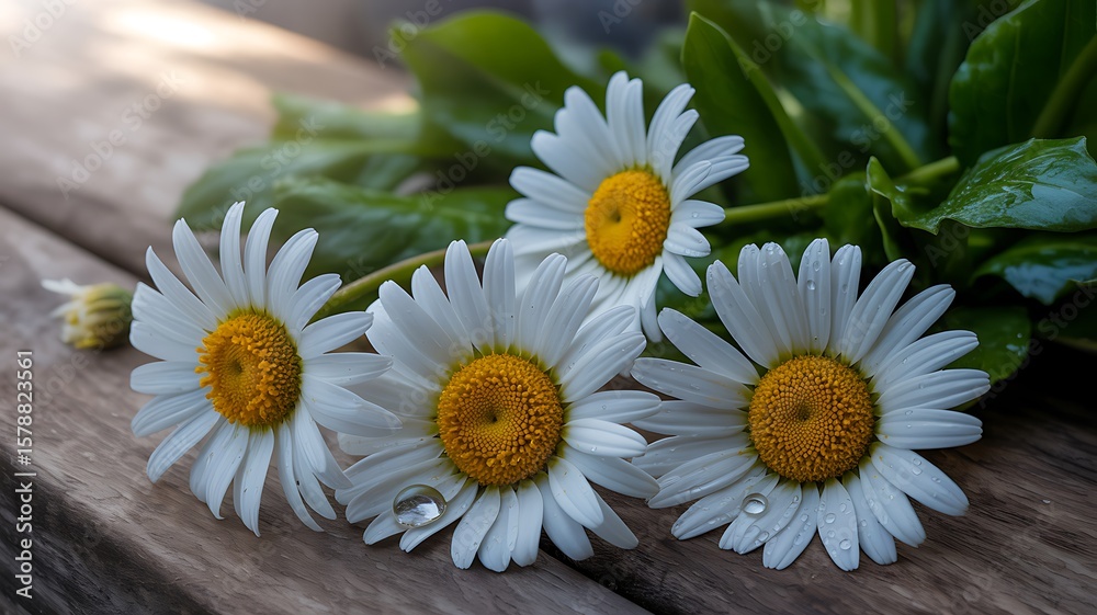 Obraz premium Fresh white daisies with green leaves resting on wooden bench 