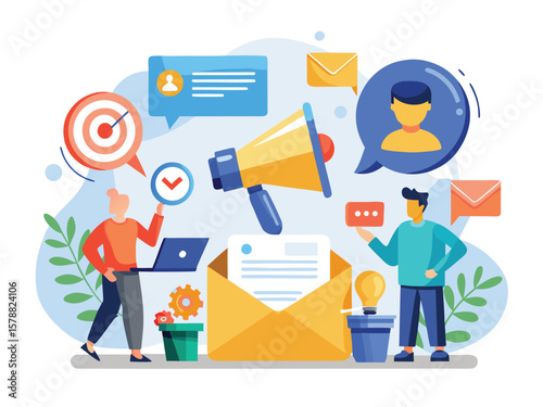 Data-driven digital marketing in flat cartoon style