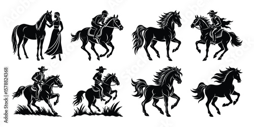 Collection of horse and rider silhouettes in various poses and styles silhouette