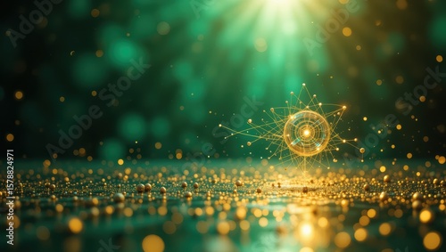 Abstract Sparkling Water Droplet with Golden Light and Bokeh Effects in a Dreamy Atmosphere