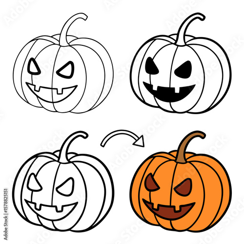 Halloween pumpkin carving process with a black and white outline drawing and a colored jack o lantern illustration showing the transformation step by step