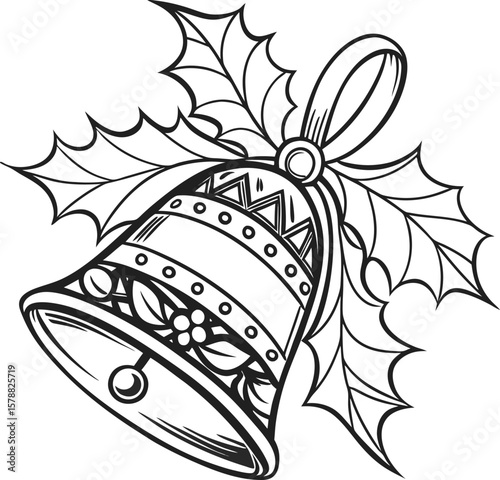 Elegant Christmas bells with holly and floral swirl decoration vector illustration