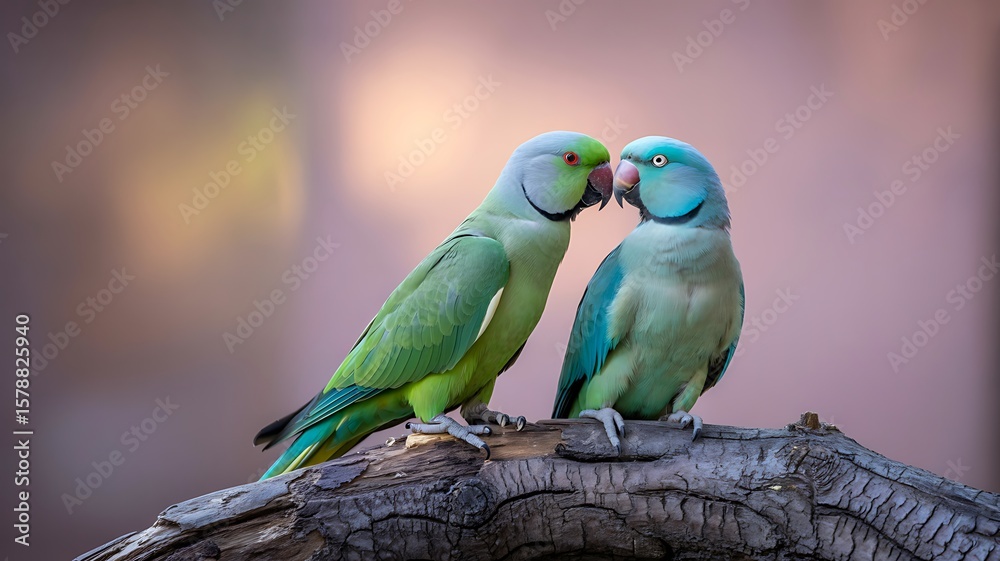 Obraz premium Close up of two colorful parrots sitting on tree branch with soft background 