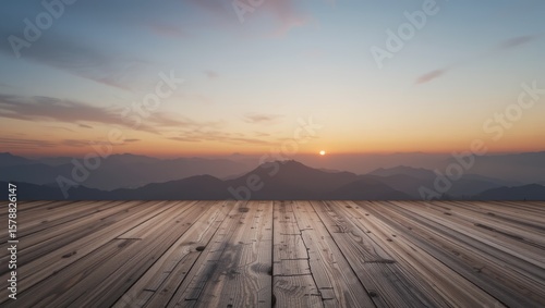 Majestic Mountain Landscape at Sunrise with Wooden Deck and Clear Sky in Nature's Embrace
