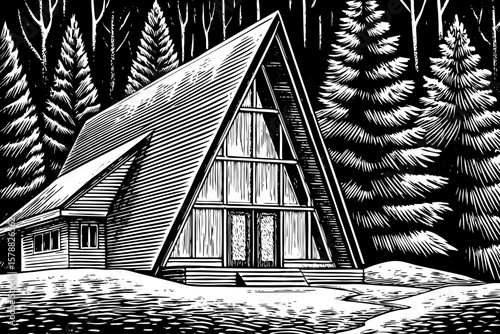 Scandinavian wooden villa with triangular roof, surrounded by pine forest and snow covered hills, in cozy minimalist black and white line art illustration for winter, nature, and cabin themed design