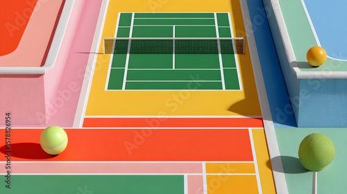 Geometric Tennis Courts with Colorful Surfaces and Balls Under Bright Sunlight