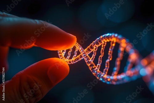 finger tip, touching a glowing dna spiral, biotech innovation concept, neon digital art, front view with shadows