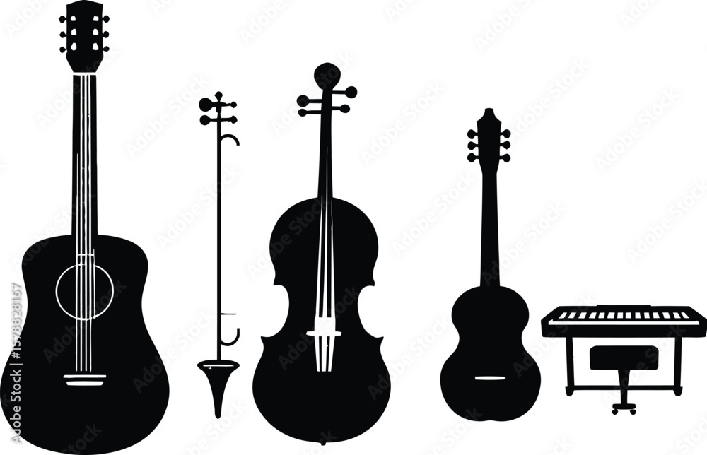 Fototapeta premium Minimalist Instrument Silhouette Set Featuring Acoustic Guitar, Erhu, Violin, Ukulele, and Keyboard on Stool — Celebrating Musical Diversity, Emotional Resonance, and Cultural Harmony in Graphic 