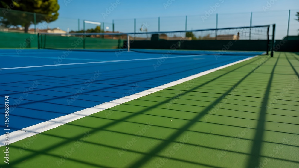 Fototapeta premium Empty tennis court with blue and green surface under bright sunlight and clear sky 