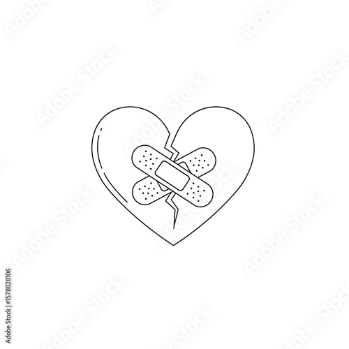 A broken heart outline, repaired with two crossed bandages, on a white background.