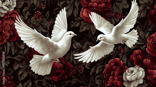 Two White Doves Among Red Floral Pattern Representing Peace and Tranquility