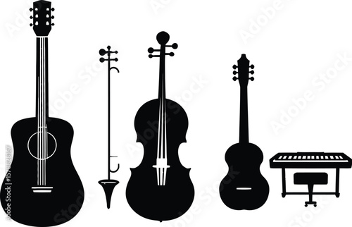 Minimalist Instrument Silhouette Set Featuring Acoustic Guitar, Erhu, Violin, Ukulele, and Keyboard on Stool — Celebrating Musical Diversity, Emotional Resonance, and Cultural Harmony in Graphic  photo