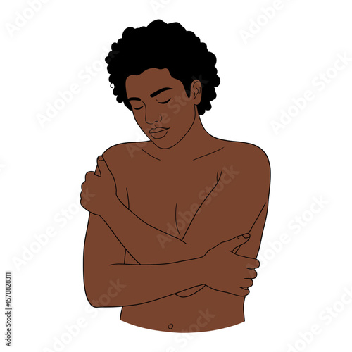 A dark-skinned person with curly hair embraces themselves, eyes closed, in a gesture of self-love.