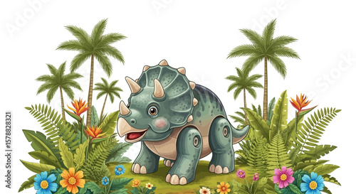 Vector cute cartoon triceratops dinosaur in jungle illustration for kids books and educational resources vector