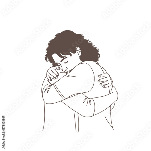 A woman with curly hair is hugging herself, expressing self-love and comfort.