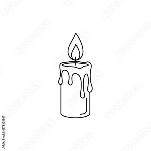 A simple line drawing of a lit candle with dripping wax on a white background.