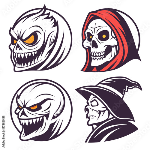 Collection of four distinct stylized skull illustrations featuring a grim reaper a witch and two menacing monster heads with sharp teeth and glowing eyes