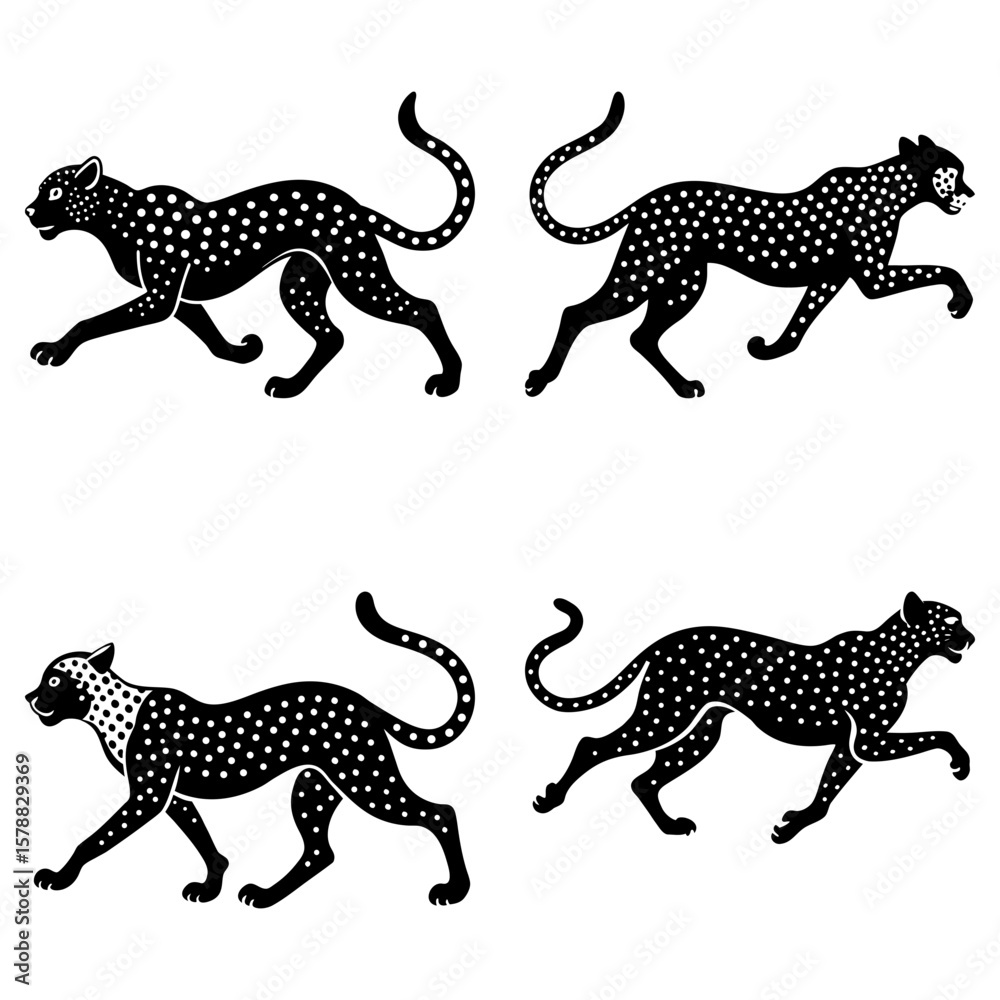 Obraz premium Four black cheetahs with white spots in various running poses on a white background illustration art