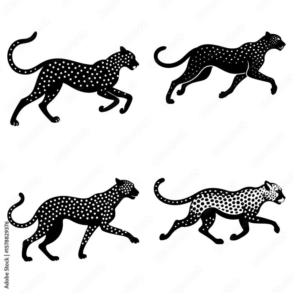 Obraz premium Four silhouette cheetahs with white spots in various poses on a white background artfully arranged