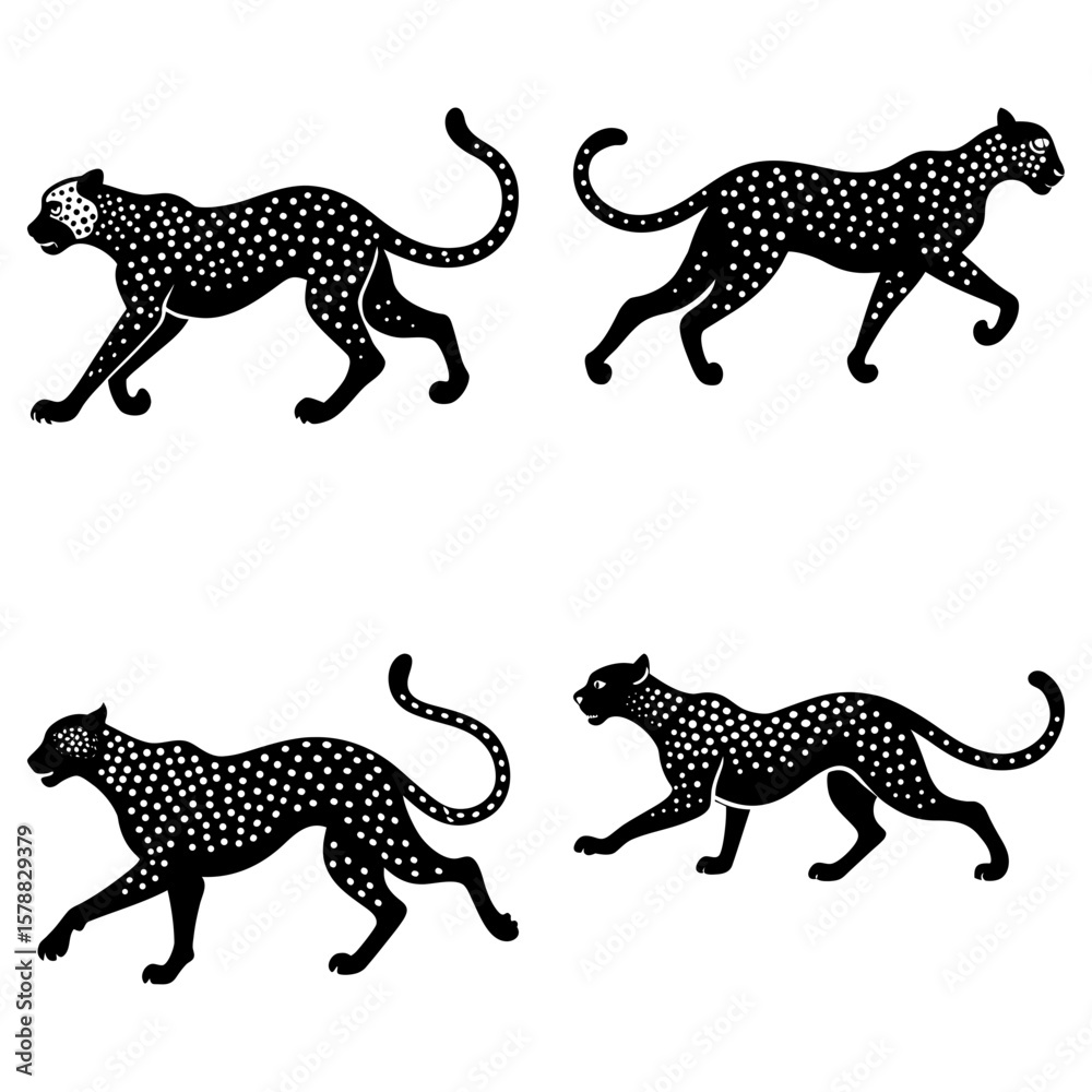 Obraz premium Four black leopards with white spots in various walking poses on a white background design art