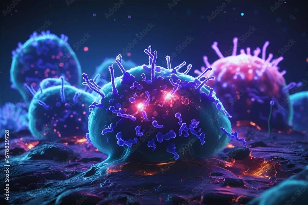 Obraz premium Abstract Microbiology Art of Bacterial Quorum Sensing – Glowing Signaling Molecules | illustration