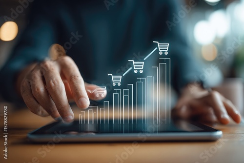Person interacting with a tablet displaying growing sales graph