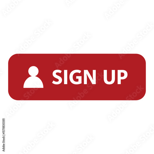 A red rectangular button with rounded corners and the words sign up and a person icon isolated on white background