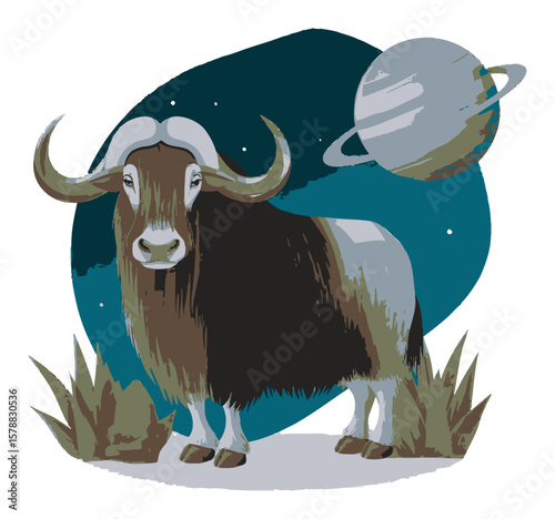 Illustrated Bull with Horns and Planet in a Flat Vector Style Design