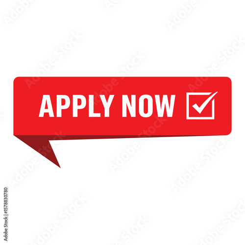 A red rectangular button with a pointed end and the words apply now and a checkmark icon isolated on white background