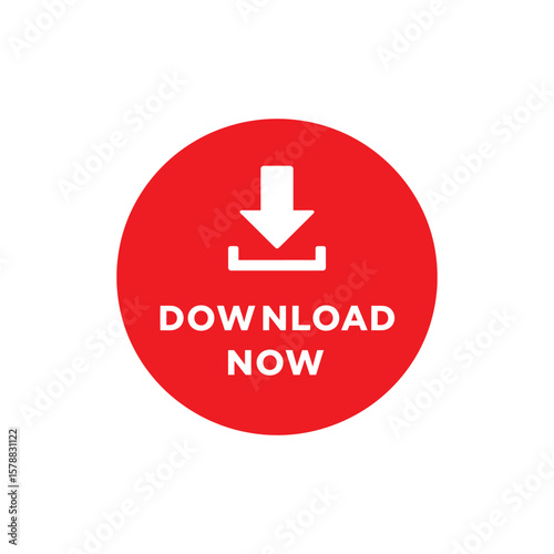 A red button with the words download now and a downward arrow isolated on white background