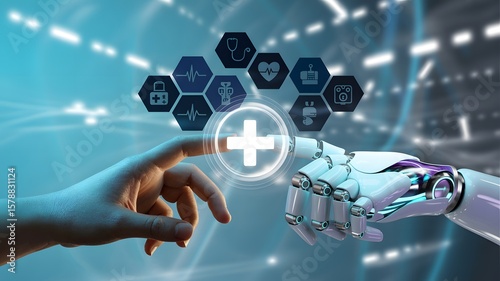 Human and robotic hands reaching toward glowing medical cross with hexagonal health icons, symbolizing AI in healthcare, smart diagnostics, and medical technology collaboration