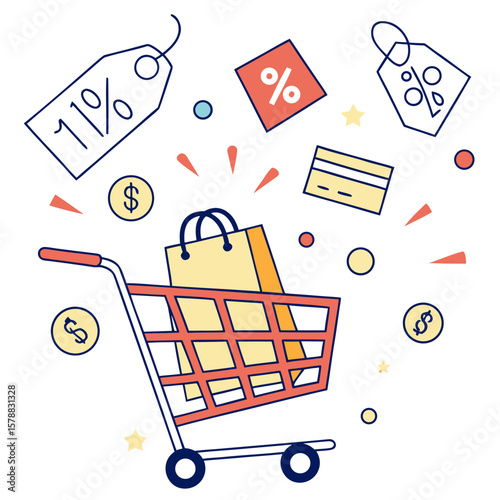 Shopping cart filled with bags and surrounded by discount tags credit card and dollar coins symbolizing retail sales and promotions