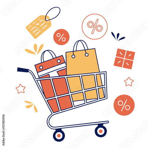 Stylized illustration of a shopping cart overflowing with colorful bags and gifts surrounded by discount percentage signs and stars representing retail sales and promotions