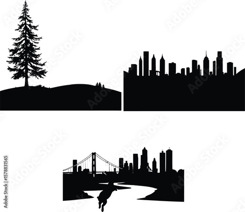 Minimalist Nature vs. Urban Silhouette Trio Featuring Lone Tree on Hill, Dual City Skylines with Bridge and Water Elements — Celebrating Environmental Contrast, Human Innovation, and Layered Landscape