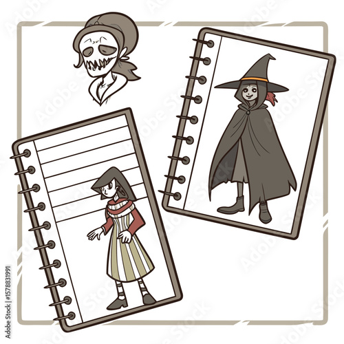 Whimsical cartoon illustration featuring a sketchbook with drawings of a witch and a girl with a skull face plus a separate skull portrait